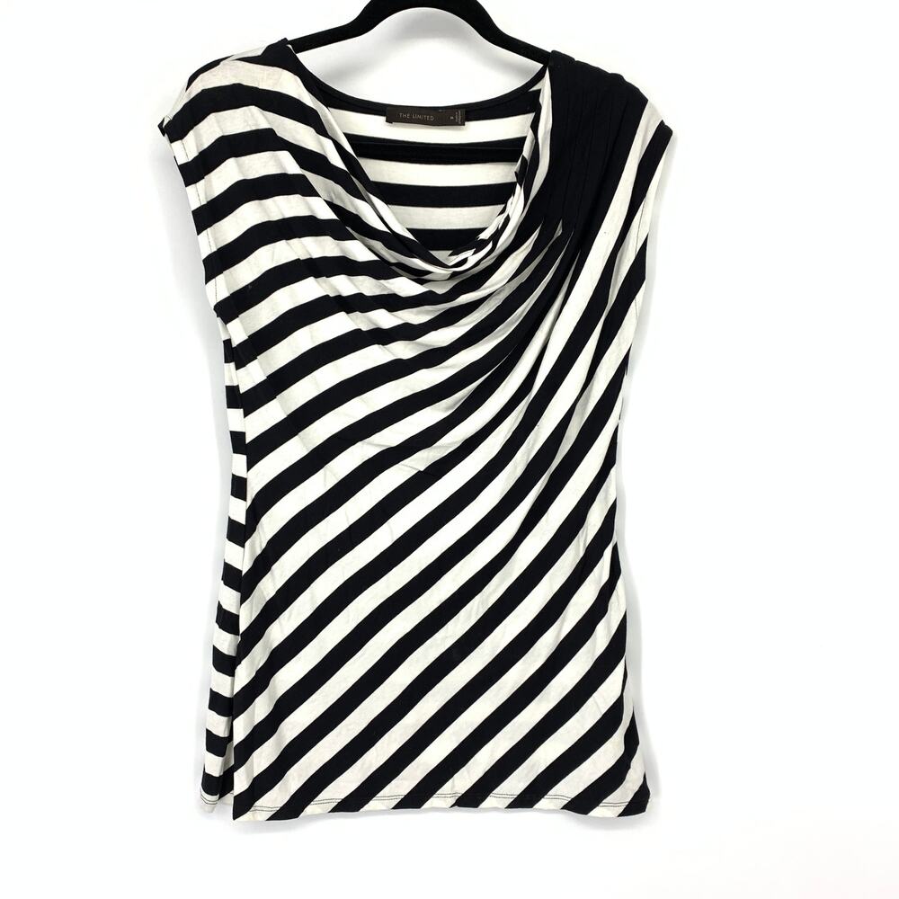 The Limited Draped Neck Cap Sleeve T-Shirt Womens Size M Black White Striped
